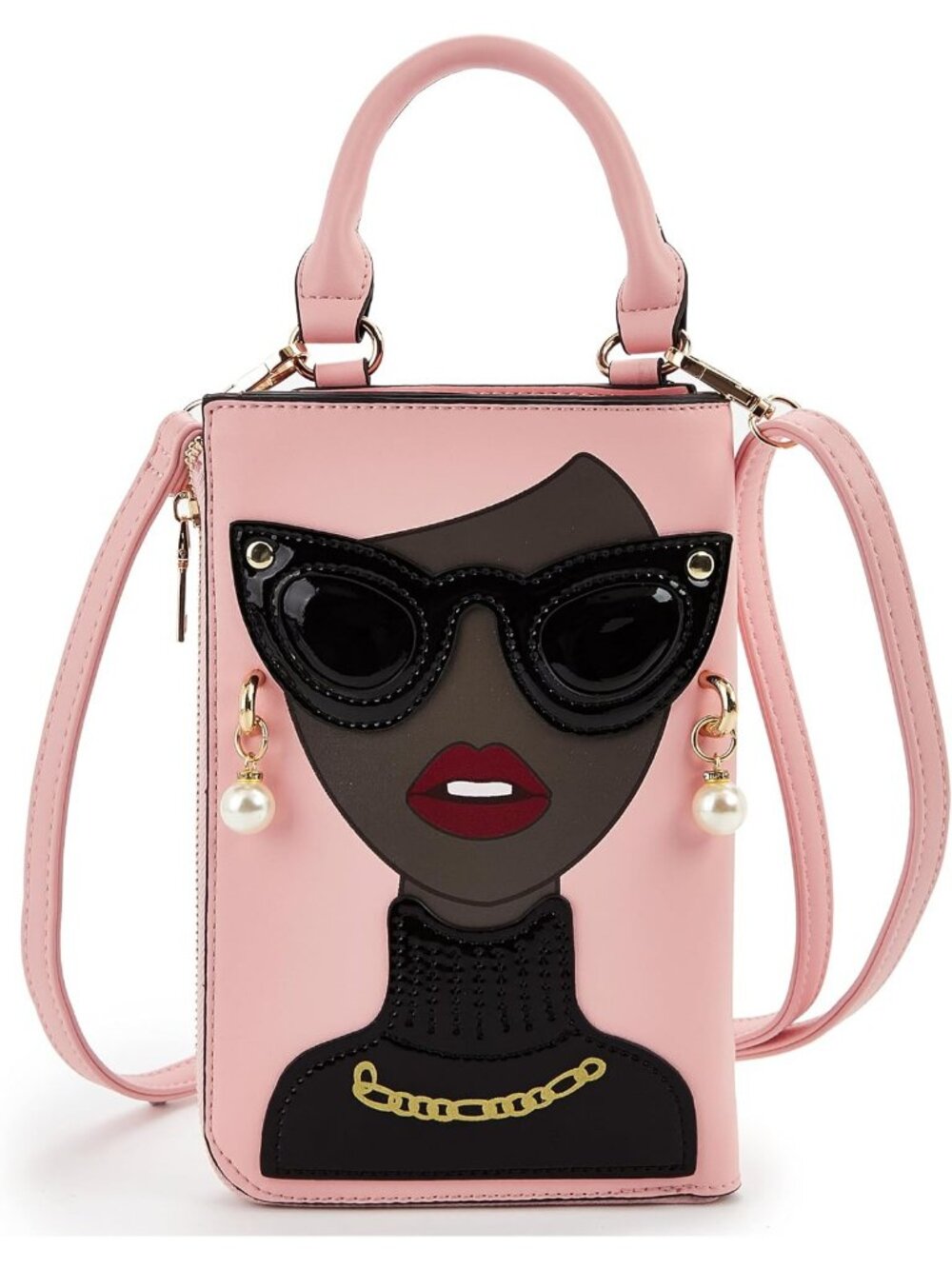 Women Pink Coffee Novelty Lady Face PU Leather ShoulderBag Handle Satchel Clutch